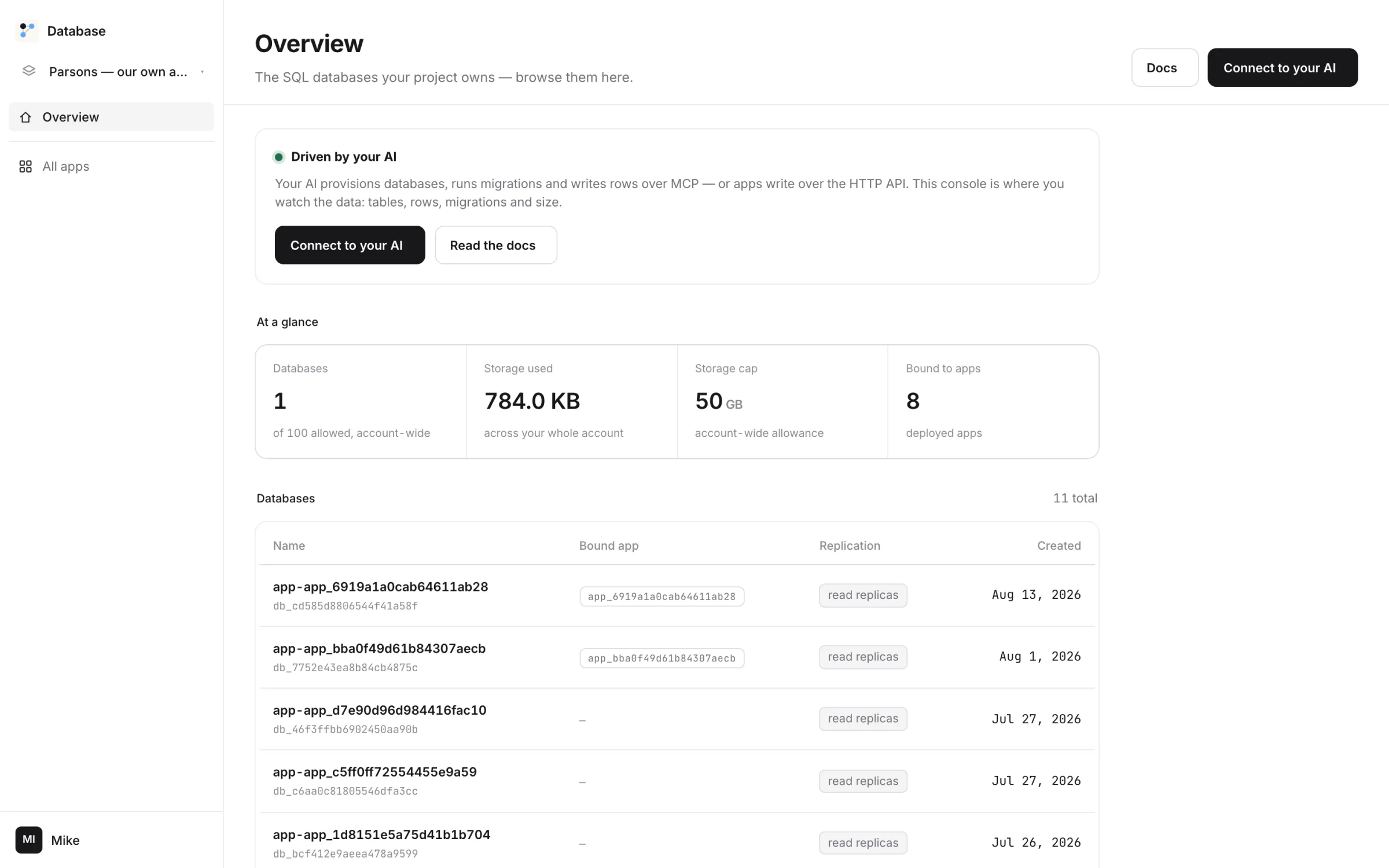 The Database console: eleven SQL databases across the account, 784 KB of a 1 GB pool, each bound to an app, with migrations and read replicas.